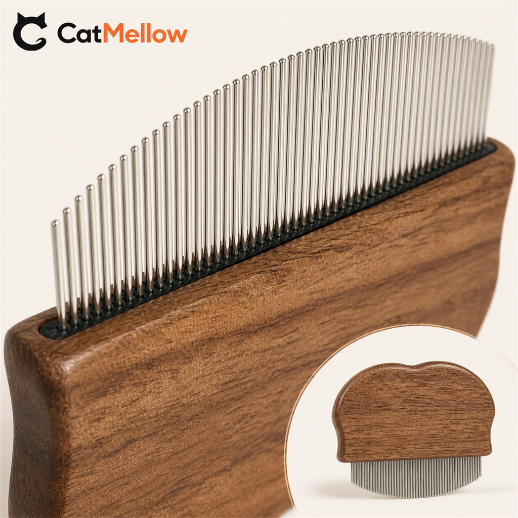 Close-up of the comb's metal fine teeth and walnut wood handle