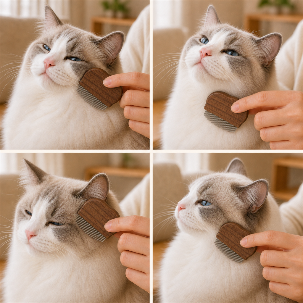 Four views of the same blue-eyed cat with a hand holding the CatMellow compact walnut comb for face grooming
