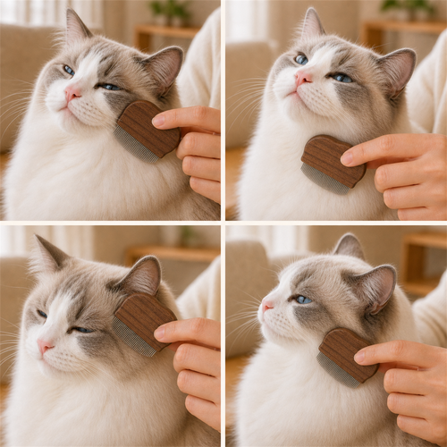 Four views of the same blue-eyed cat with a hand holding the CatMellow compact walnut comb for face grooming
