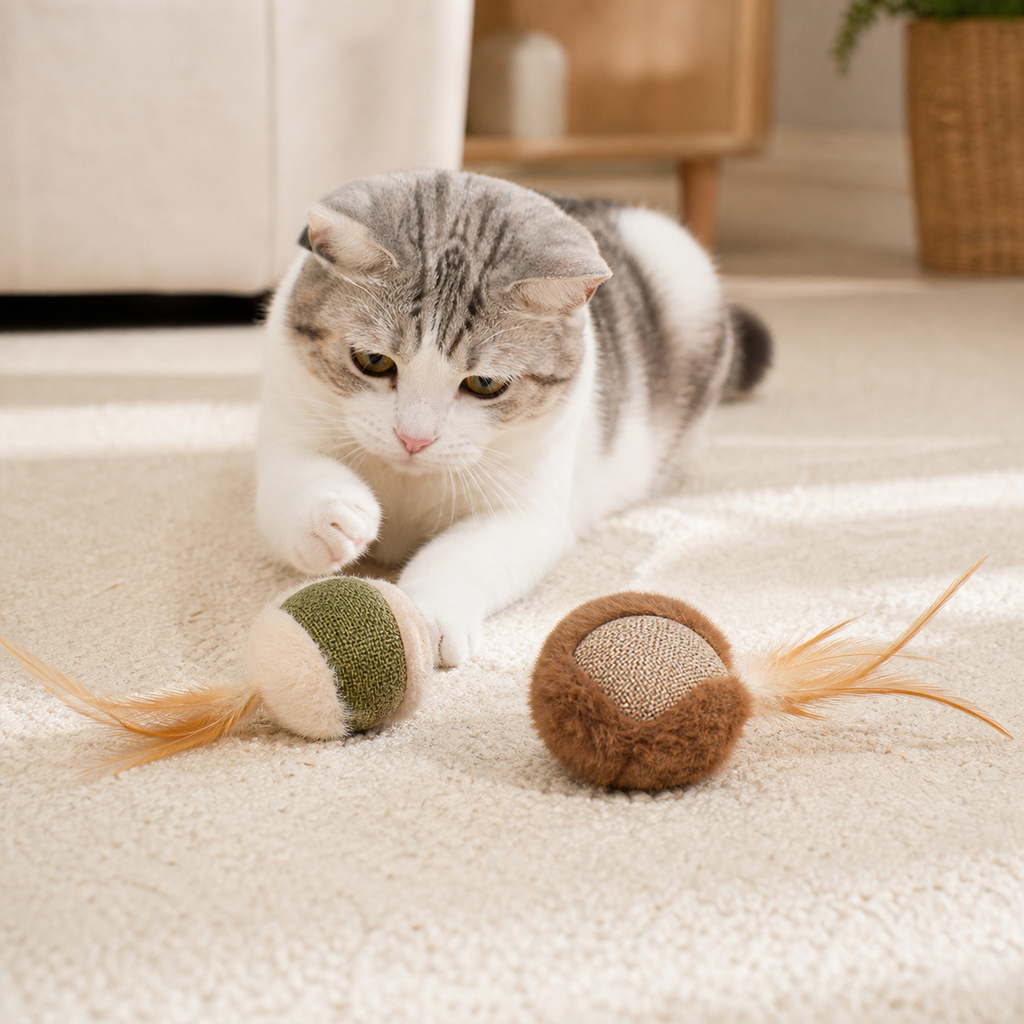 Cat reaching toward green and brown feather ball toys during floor play