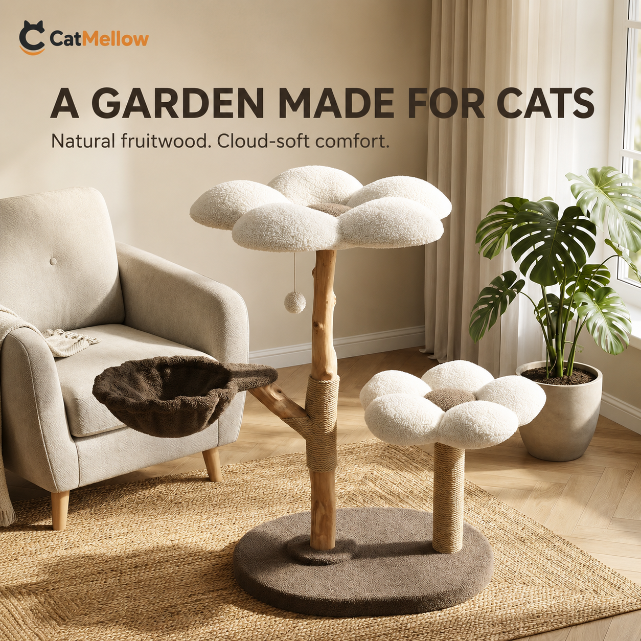 CatMellow Flower Garden Cat Tree in a warm modern living room