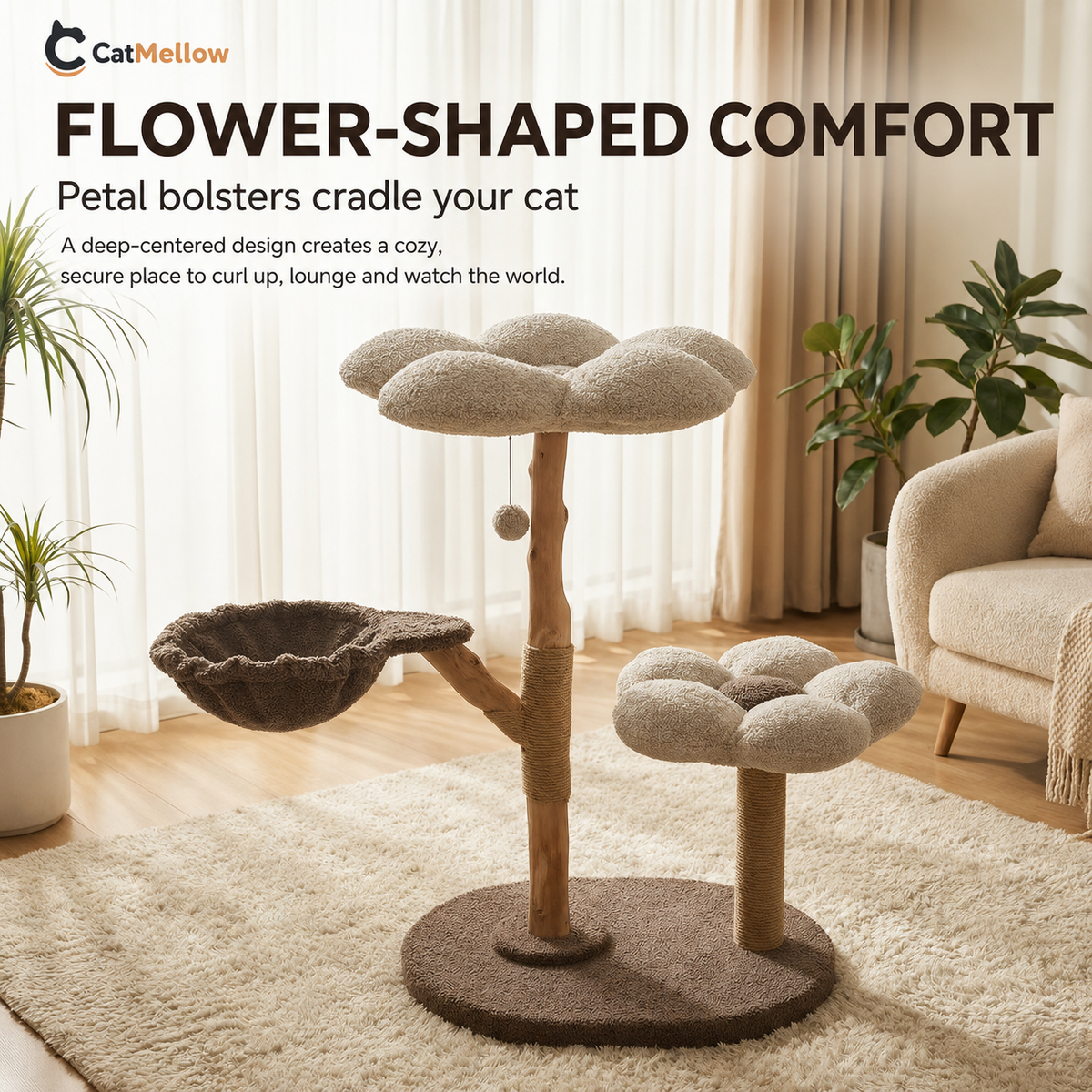 Flower-shaped plush cat beds with petal bolsters