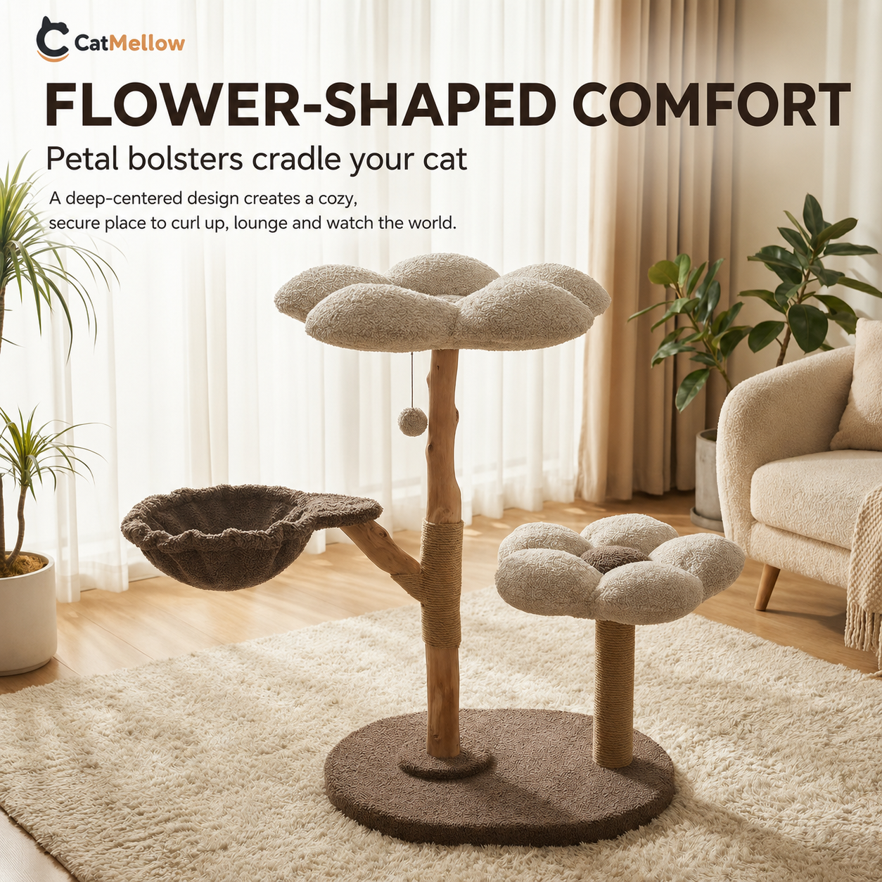 Flower-shaped plush cat beds with petal bolsters