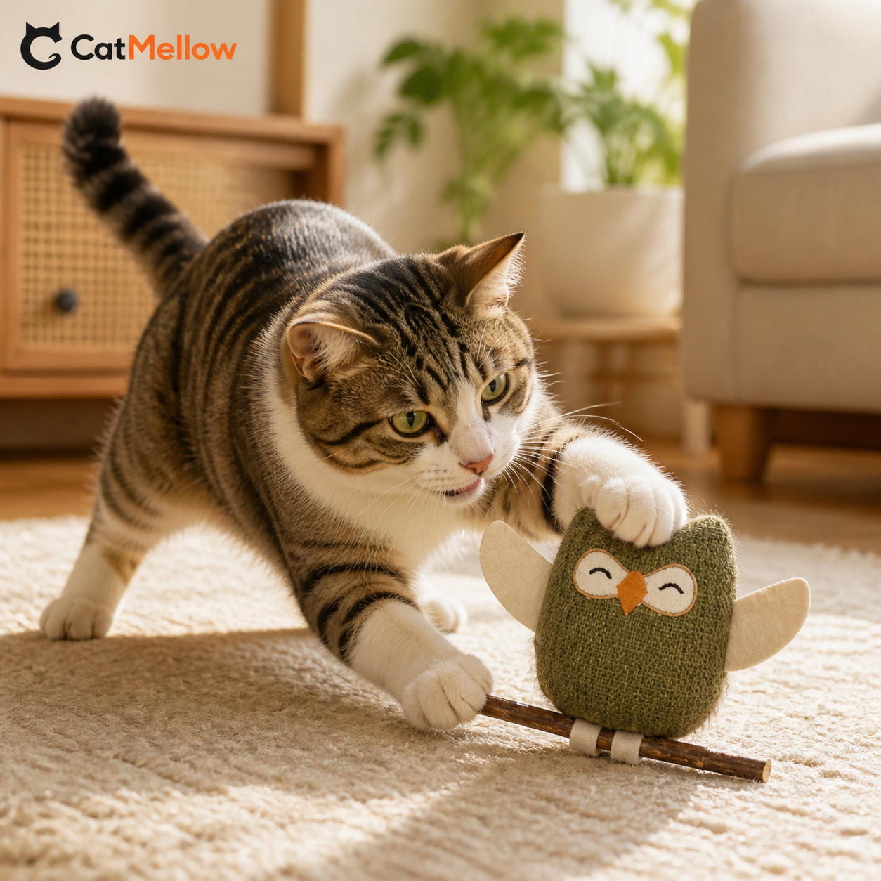 Cat playing with the green owl toy