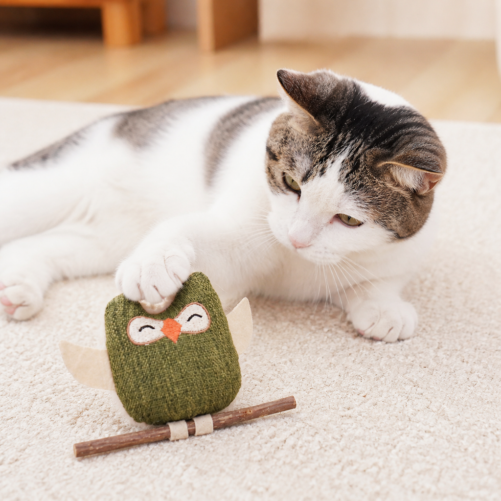 Cat pawing the green owl toy during floor play