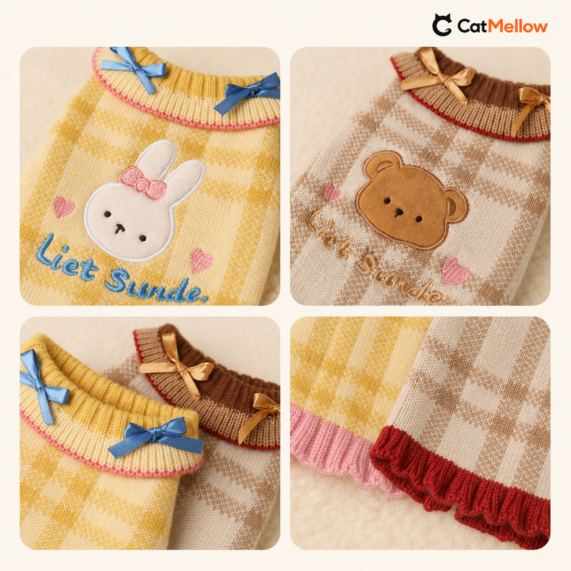 Close-up views of rabbit and bear appliques, bow collars, knit patterns, and ruffled hems.