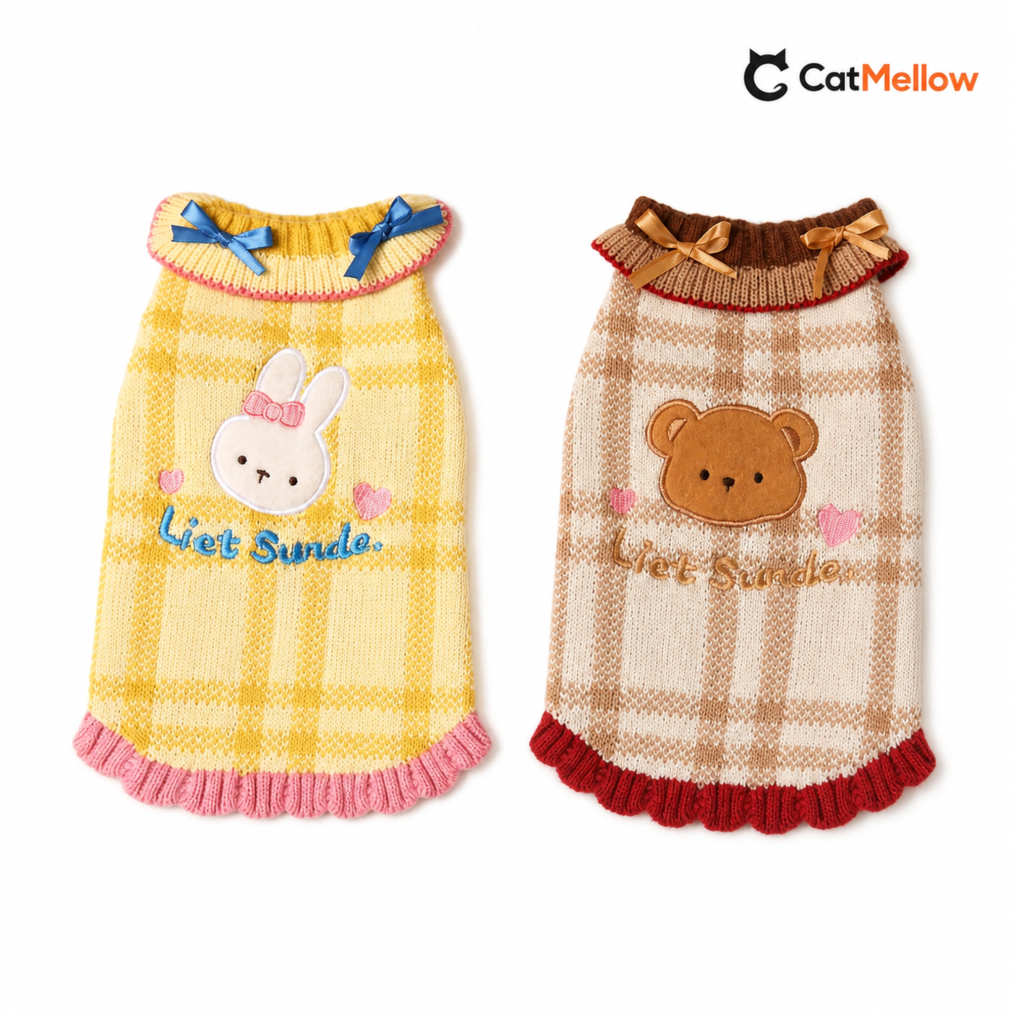 Yellow rabbit and cream brown bear knitted cat sweaters displayed side by side on white.