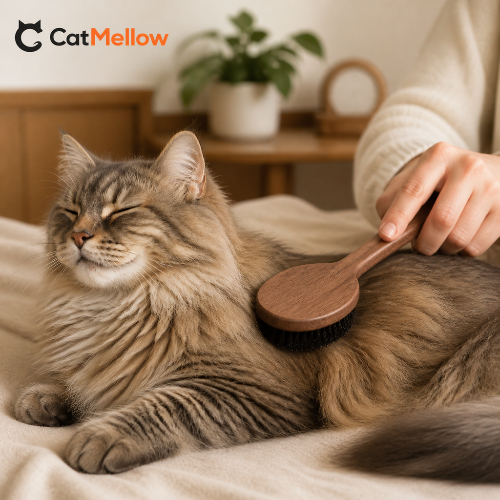 Long-haired cat being brushed with an unbranded walnut manual cat brush
