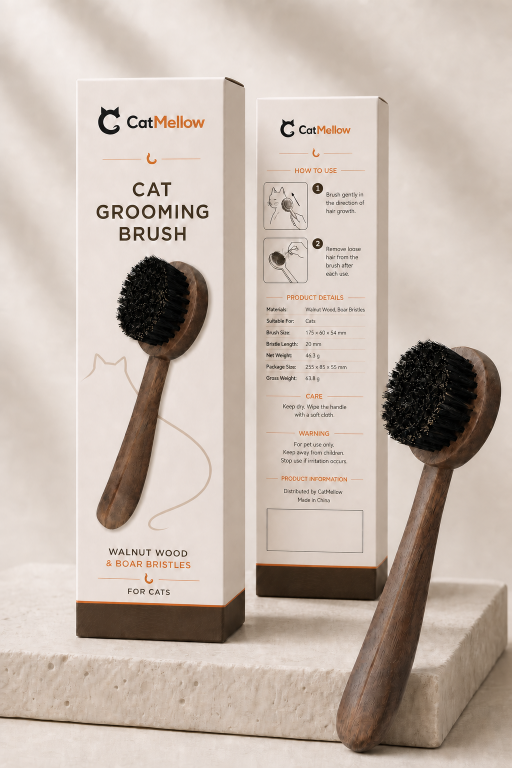 CatMellow MellowBrush cat-only packaging with an unbranded walnut brush