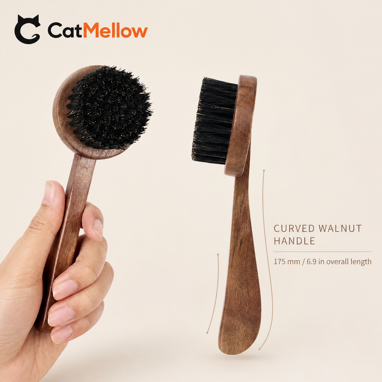 Front and side views of the curved walnut cat brush handle