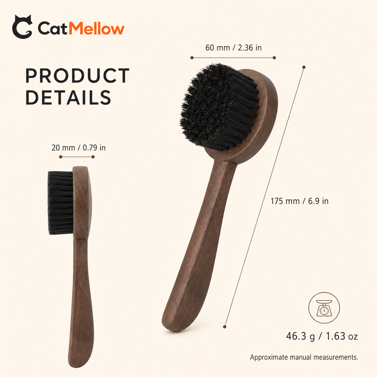 MellowBrush walnut cat brush dimensions and approximate net weight