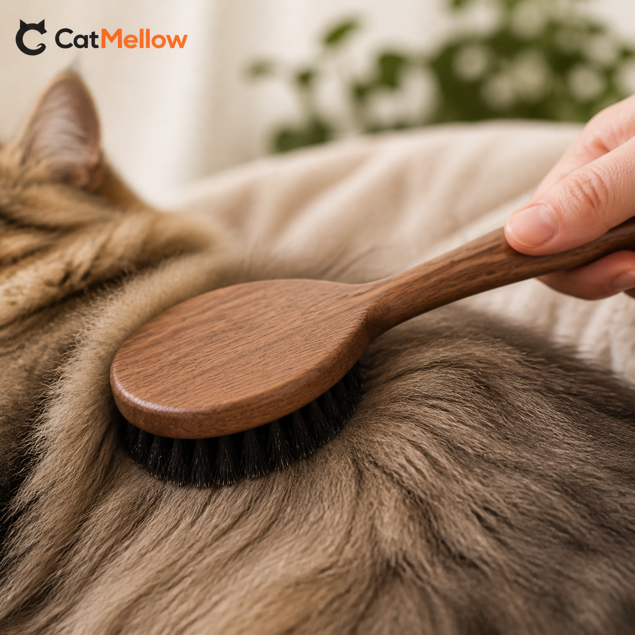 Close-up of an unbranded walnut cat brush contacting long cat fur