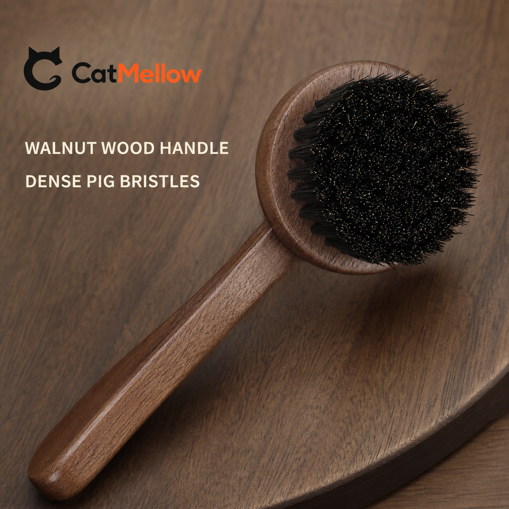 Close-up of walnut wood handle and dense pig bristles