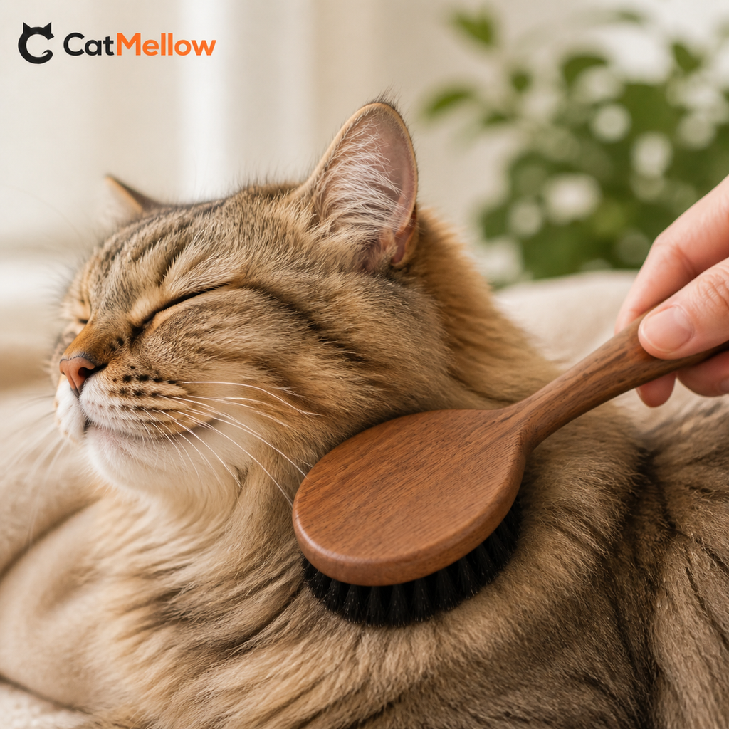 Relaxed cat being groomed at the neck with an unbranded walnut brush