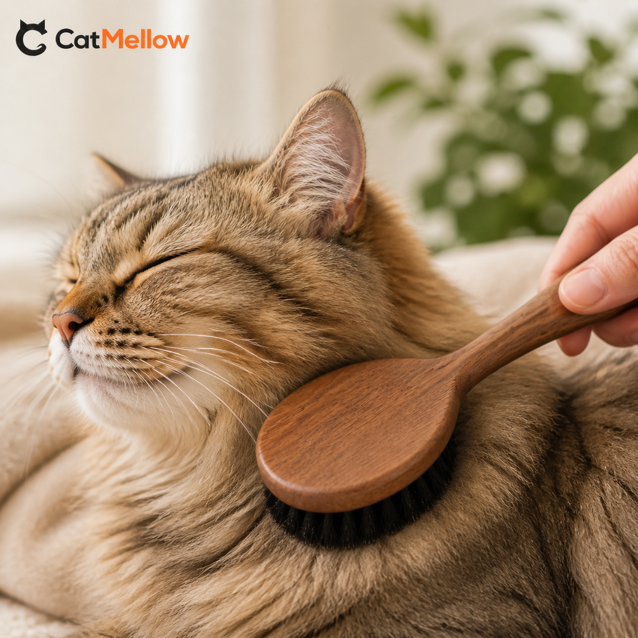 Relaxed cat being groomed at the neck with an unbranded walnut brush