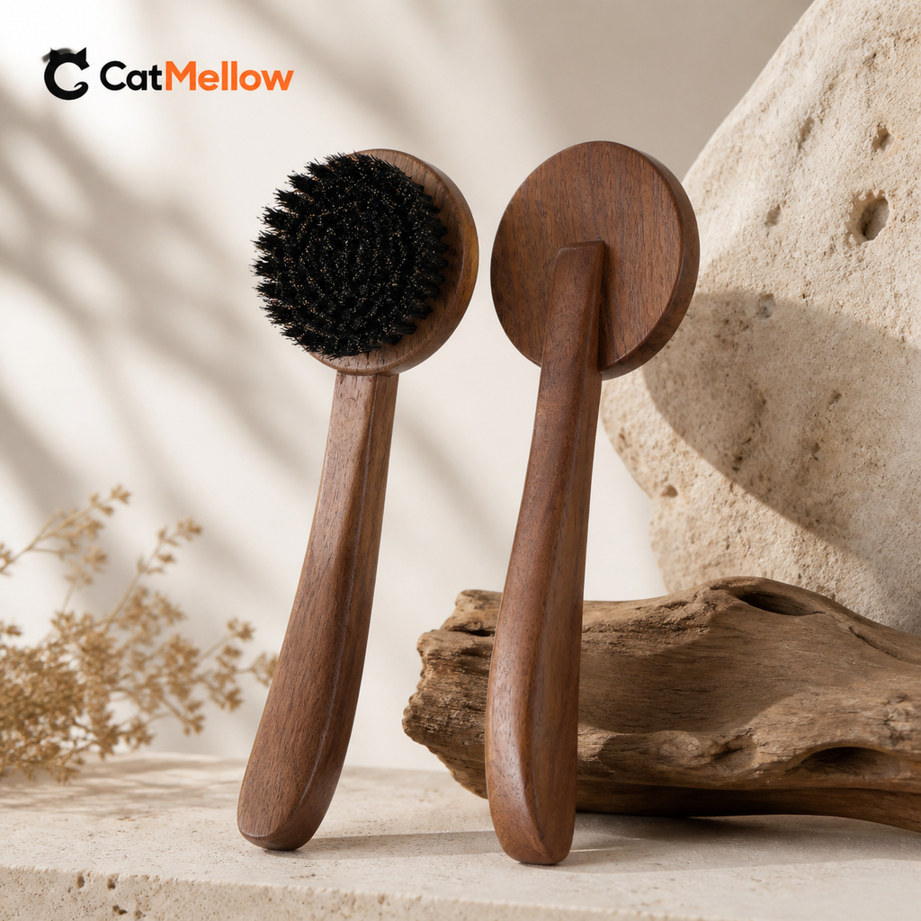 Two unbranded walnut cat brushes displayed on a warm ivory editorial set