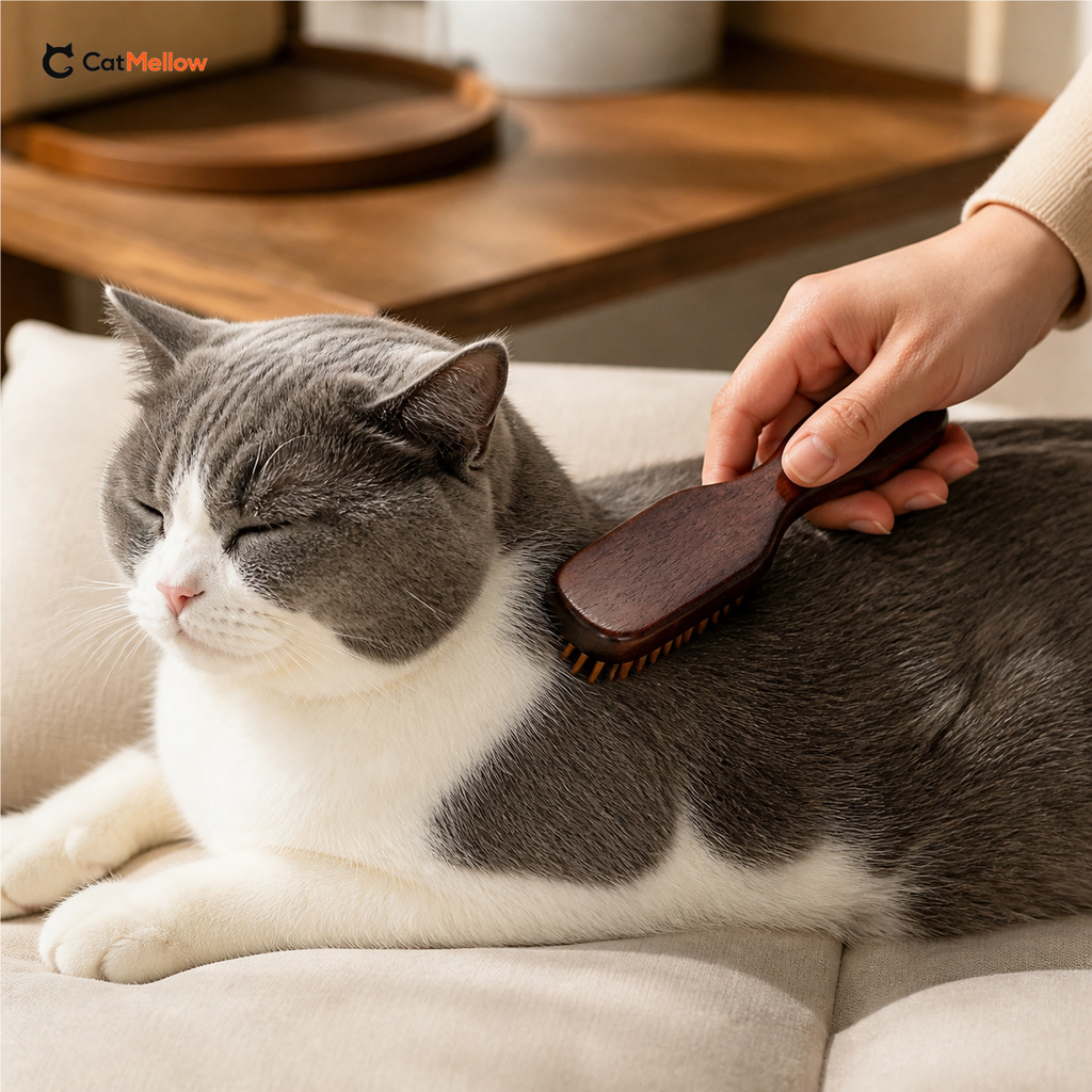 Grey-and-white short-haired cat beside a hand-held Mini Bamboo Pin Cat Brush as the bamboo pins contact its coat.