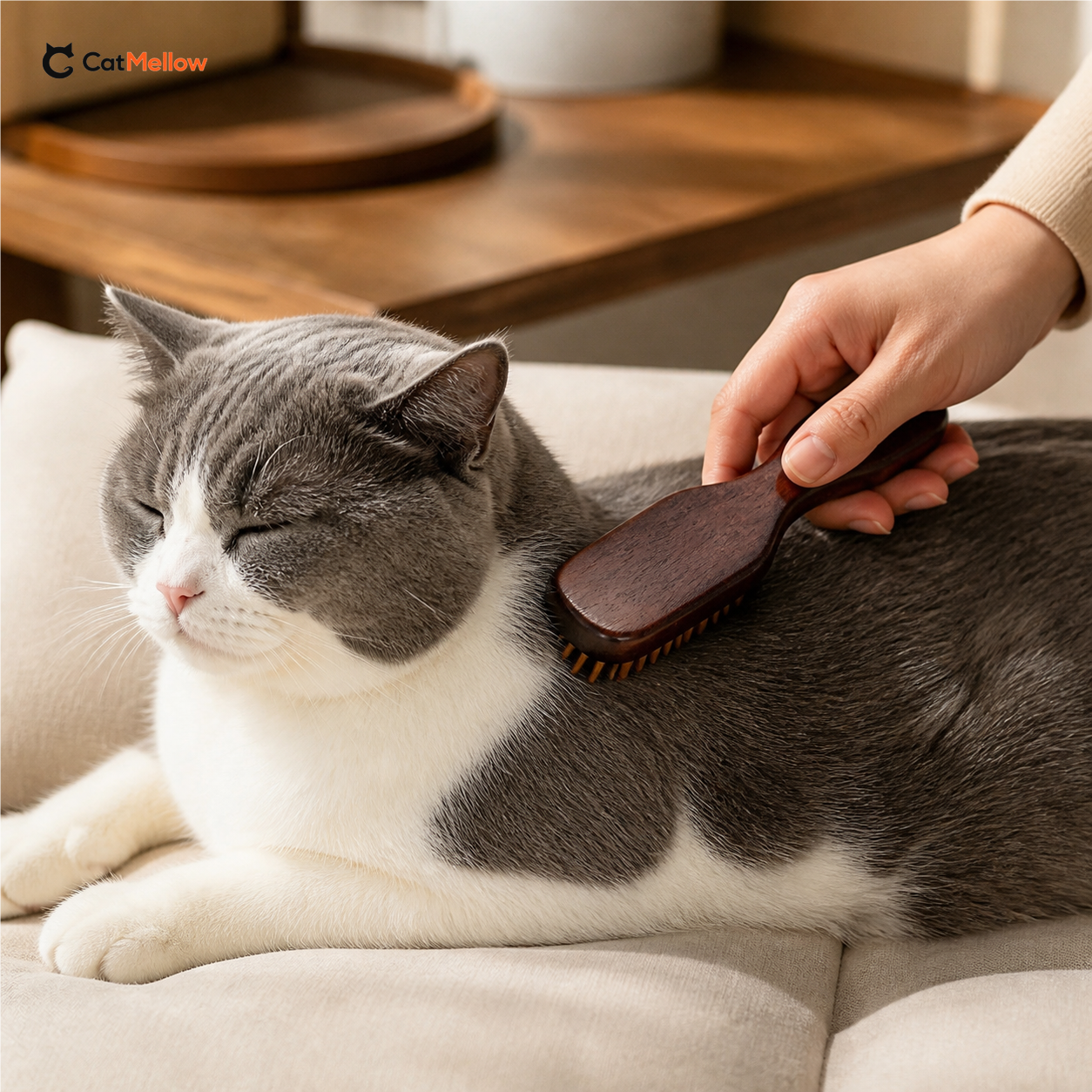 Grey-and-white short-haired cat beside a hand-held Mini Bamboo Pin Cat Brush as the bamboo pins contact its coat.