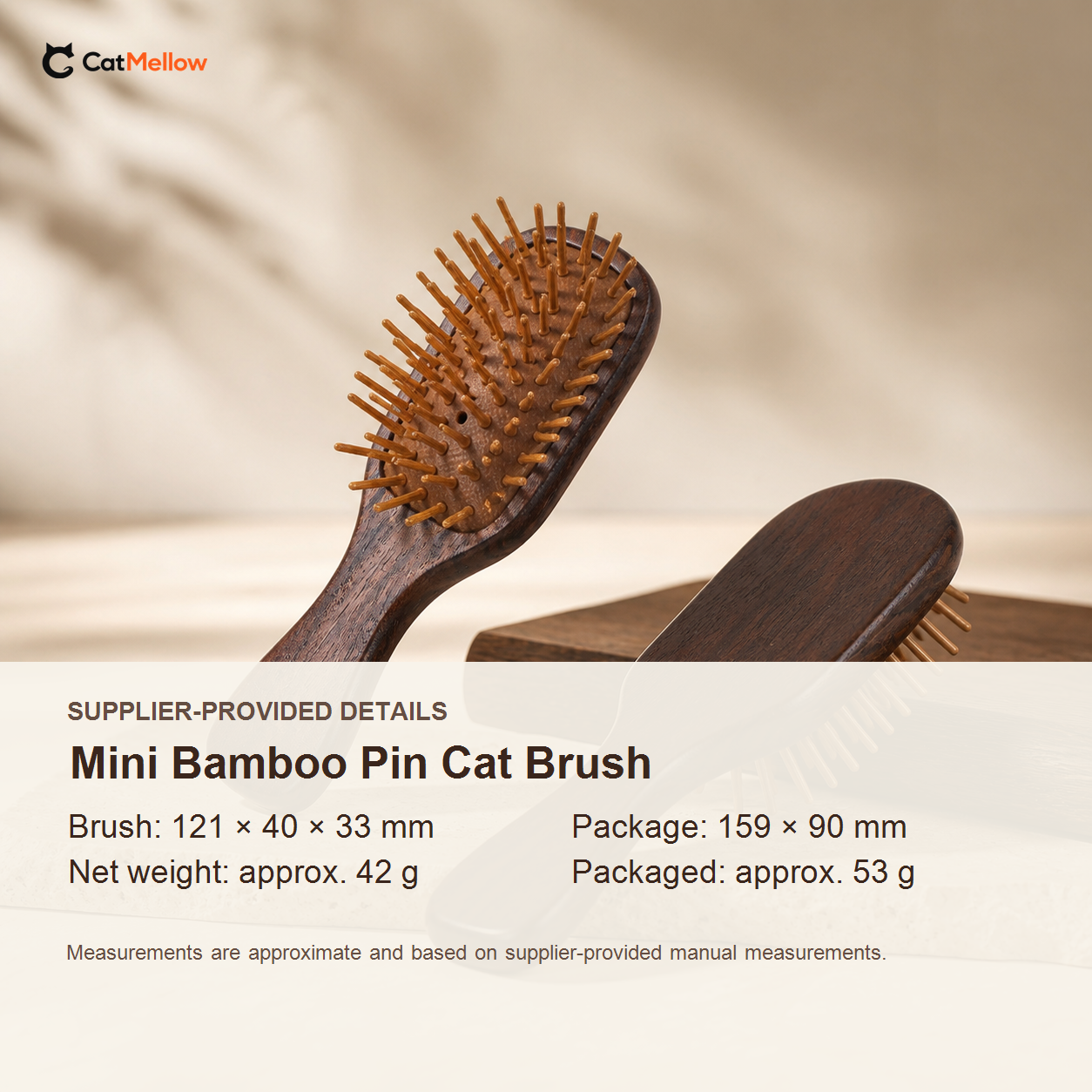 Supplier-provided approximate dimensions and weights for the Mini Bamboo Pin Cat Brush.