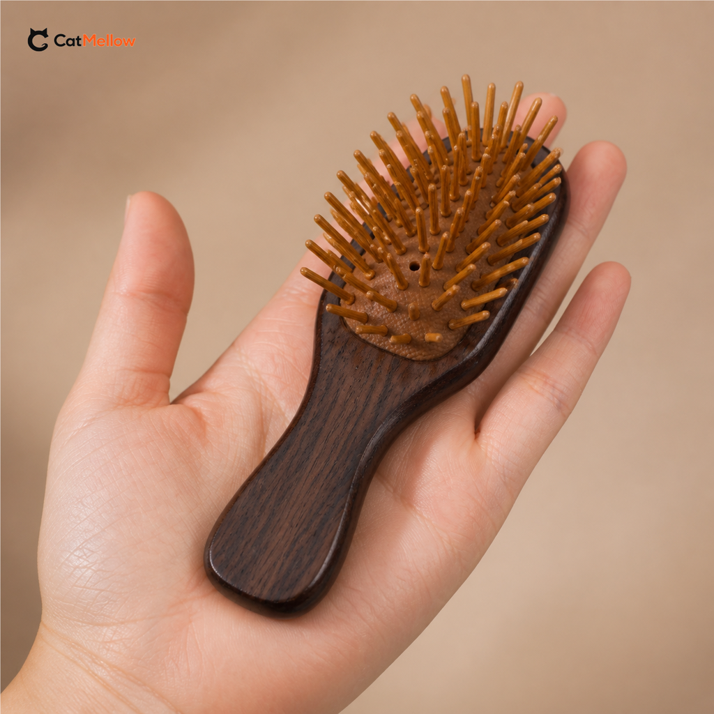 Mini Bamboo Pin Cat Brush resting in a hand to show its compact scale.