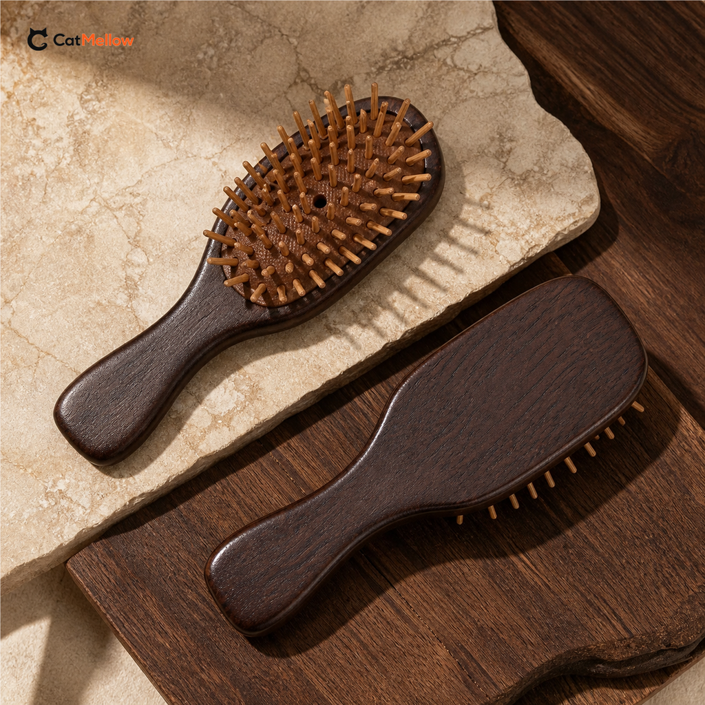 Editorial flat lay showing the front and back of the Mini Bamboo Pin Cat Brush.