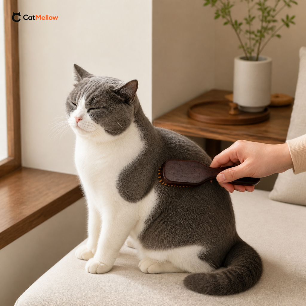 Grey-and-white short-haired cat sitting upright while being brushed along the side with the Mini Bamboo Pin Cat Brush.