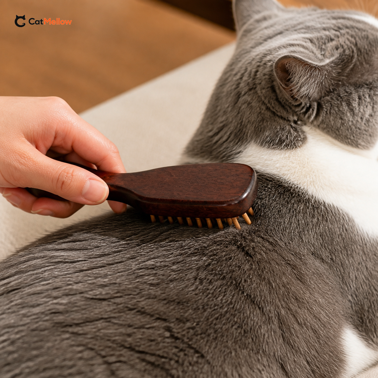 Side close-up of the Mini Bamboo Pin Cat Brush contacting the same grey-and-white short-haired cat's coat.