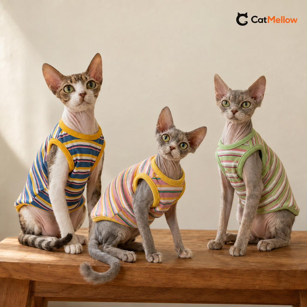 Three cats wearing blue, pink and green striped CatMellow vests on a wooden table