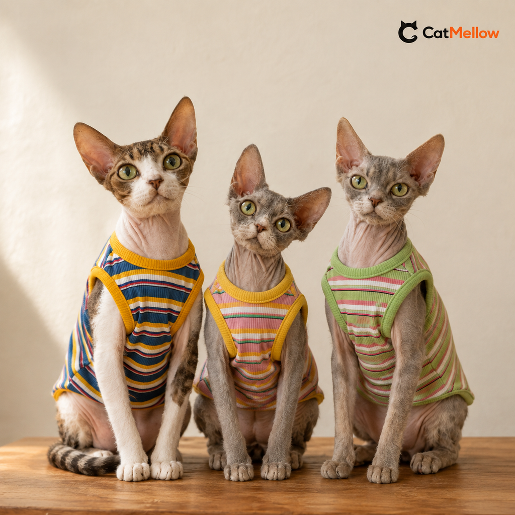 Three cats sitting close together wearing blue, pink and green striped vests