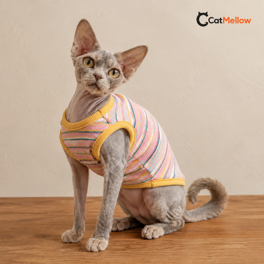 Cat wearing the pink striped vest with yellow trim