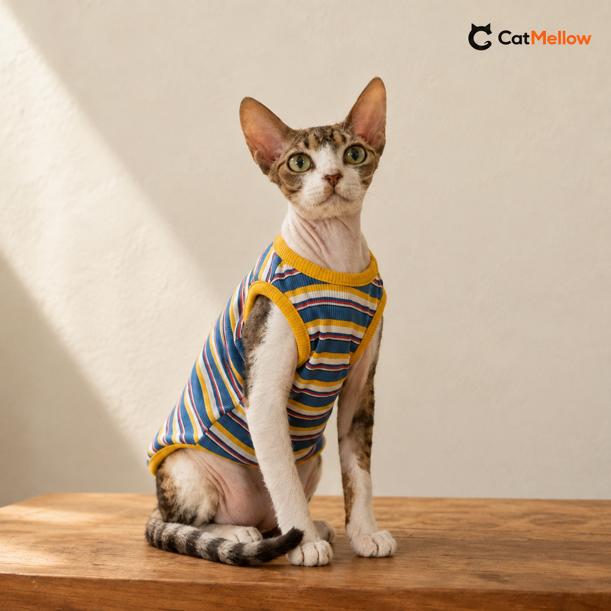 Cat wearing the blue striped vest with yellow trim