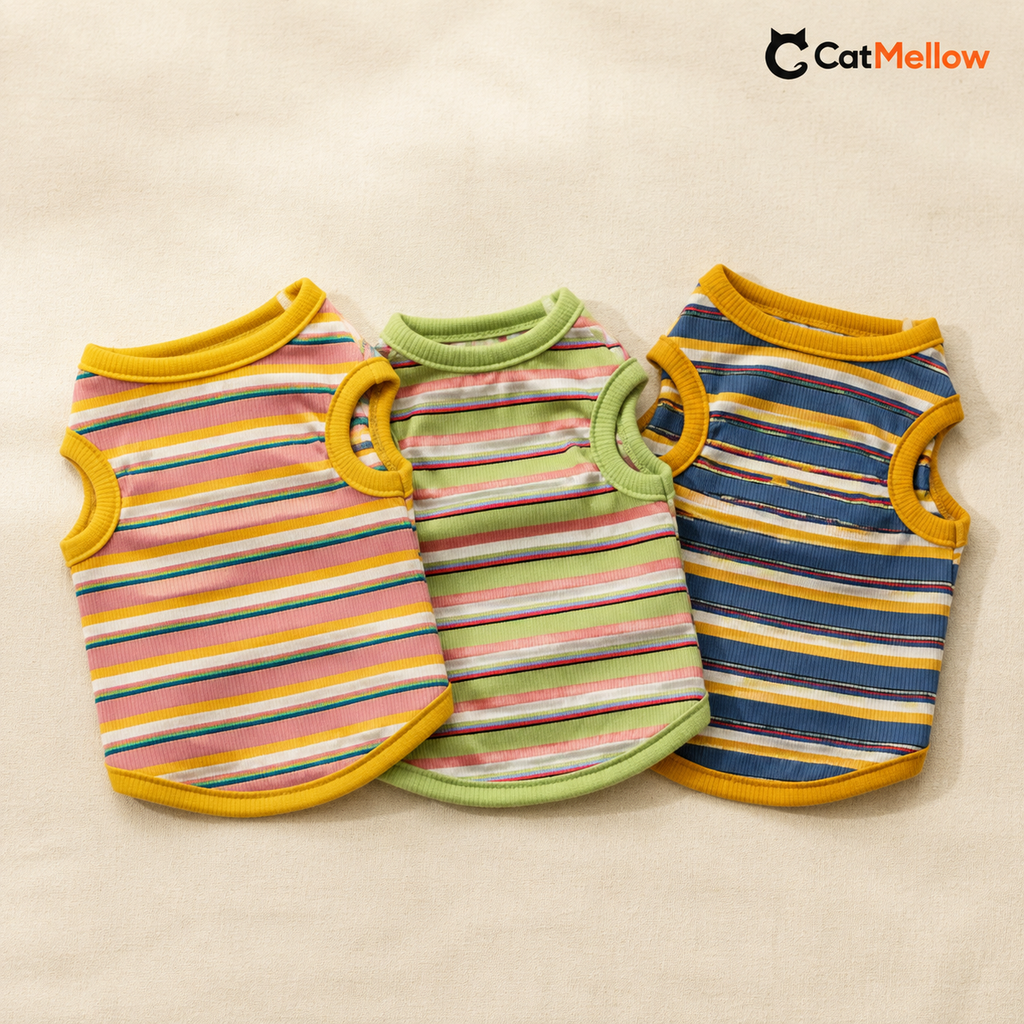 Pink, green and blue striped cat vests displayed together
