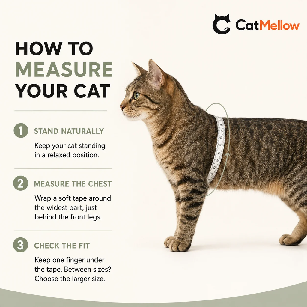 CatMellow guide to measuring a cat around the chest behind the front legs