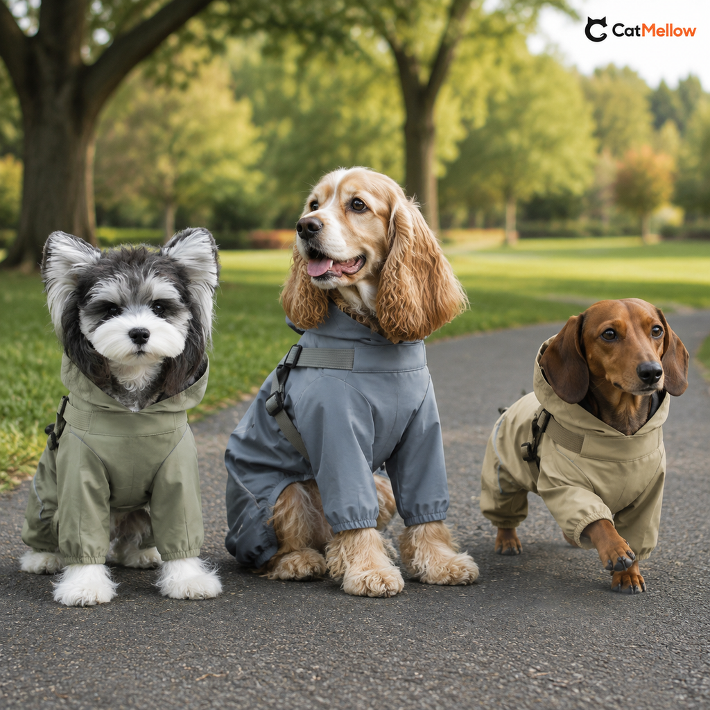 Schnauzer, Cocker Spaniel and Dachshund wearing sage green, slate blue and khaki dog raincoats in a park