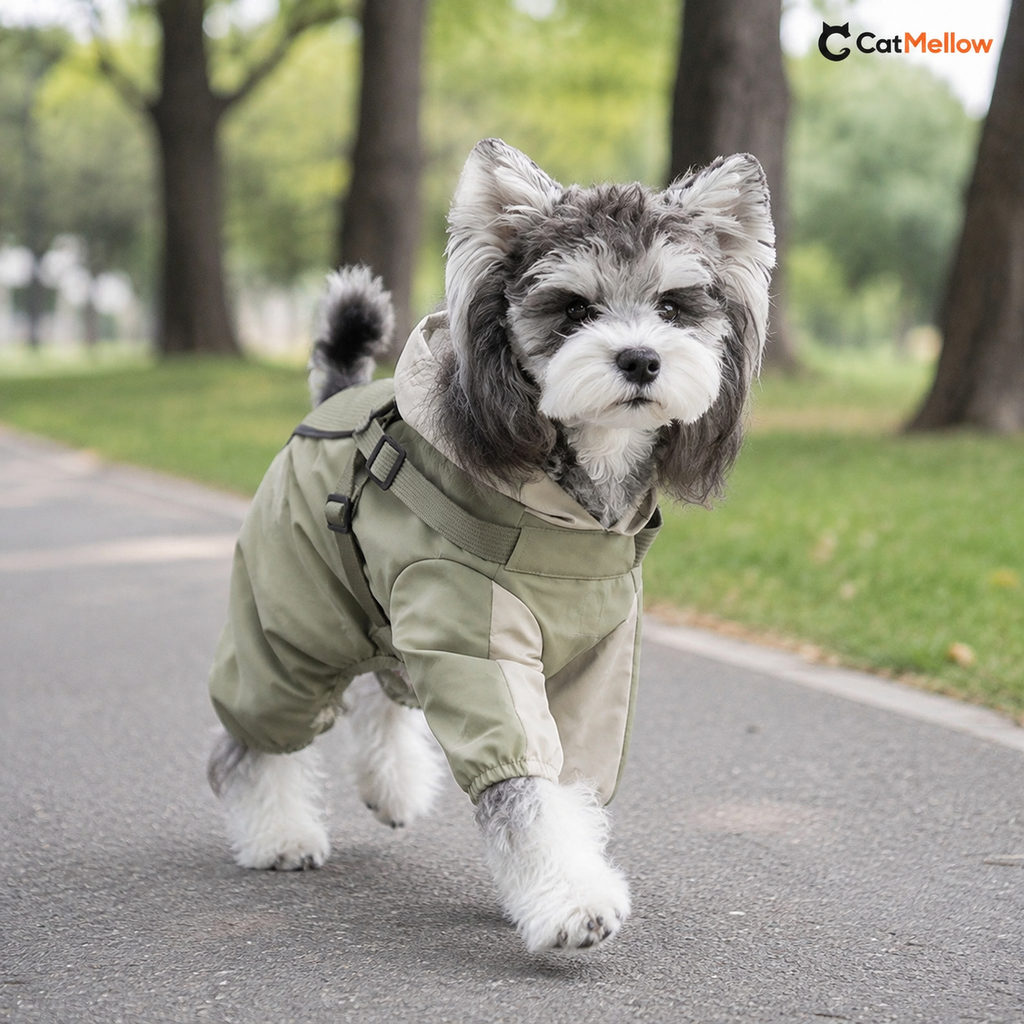 Schnauzer walking in a park wearing the sage green dog raincoat