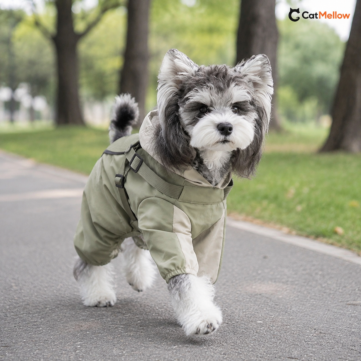 Schnauzer walking in a park wearing the sage green dog raincoat