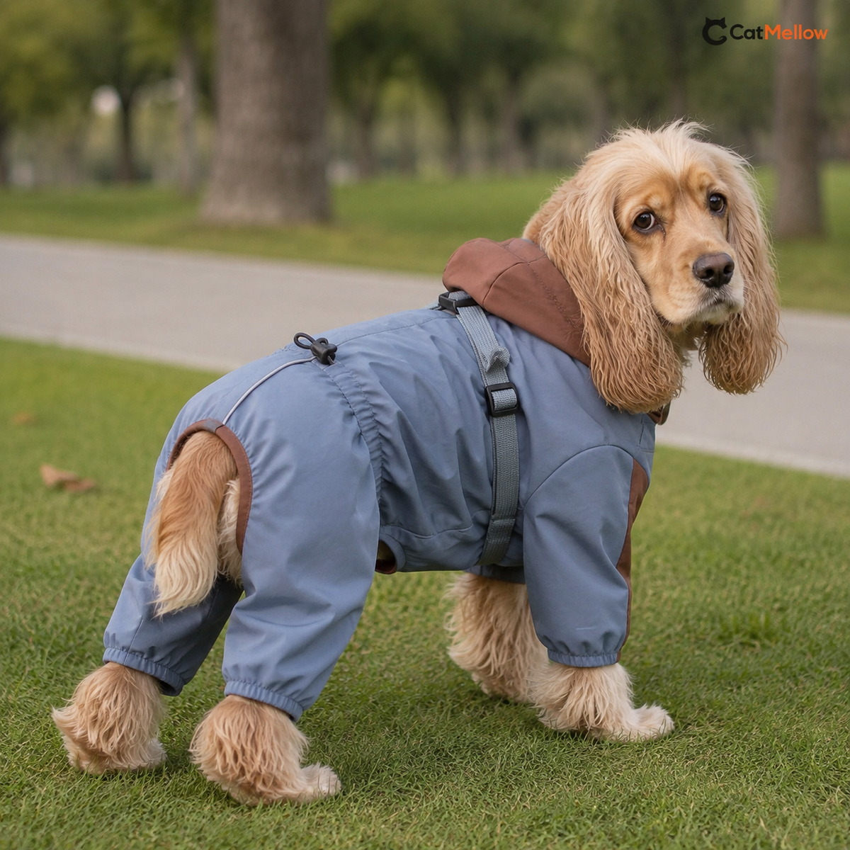Cocker Spaniel looking back in a park wearing the slate blue dog raincoat