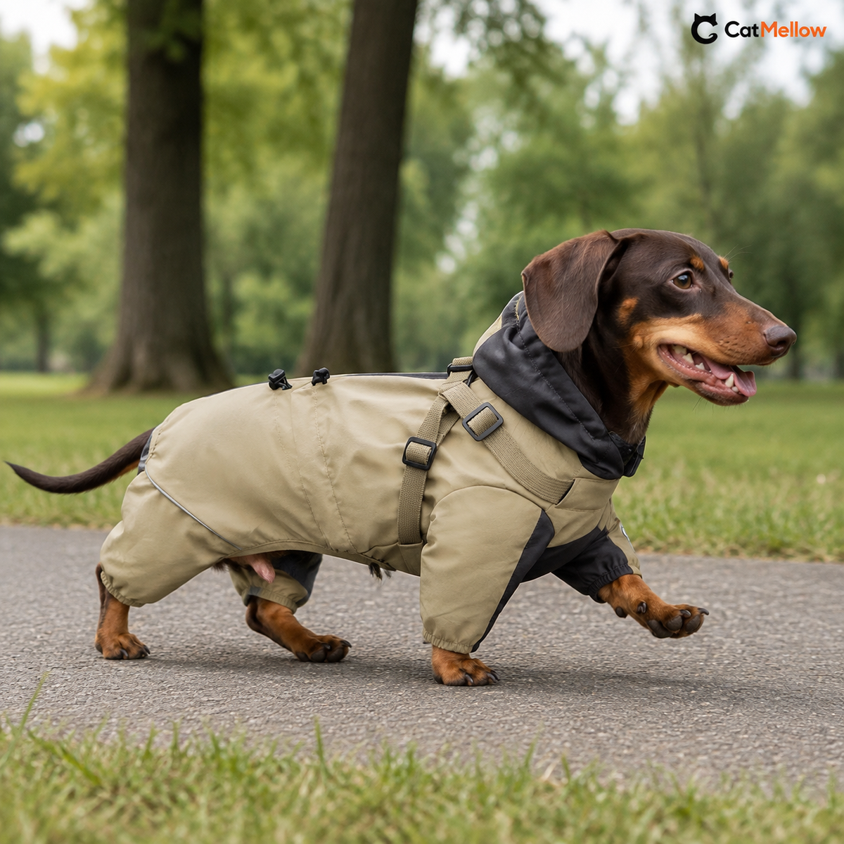 Dachshund trotting in a park wearing the khaki dog raincoat