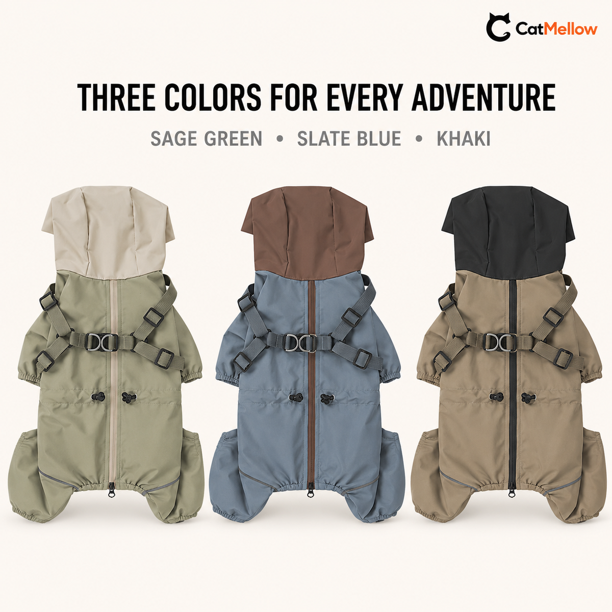 Sage green, slate blue and khaki dog raincoats displayed together
