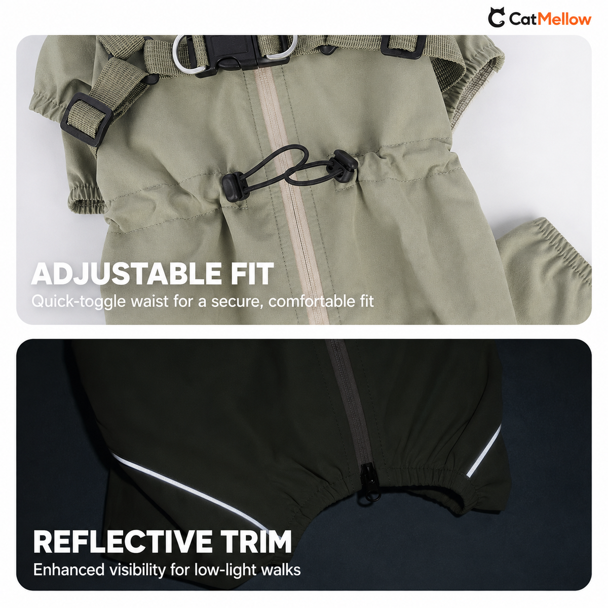 Adjustable waist toggle and reflective trim details on the sage green dog raincoat