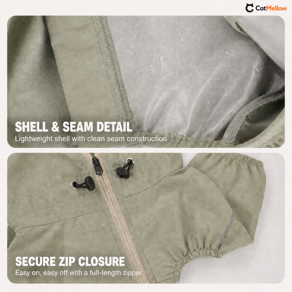 Shell seam, full-length zipper and elastic opening details on the sage green dog raincoat