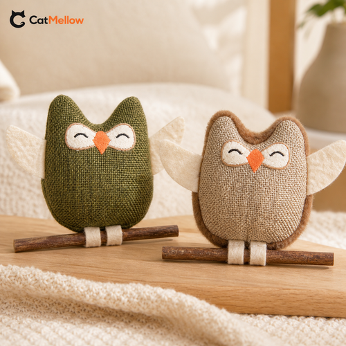 Green and brown owl cat toys displayed together in a warm home setting