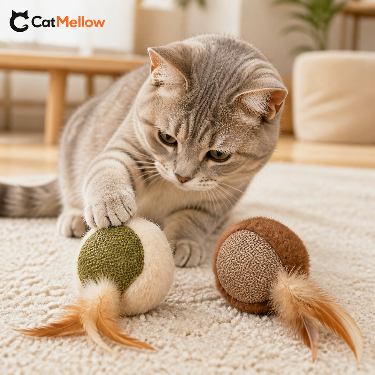 Cat reaching toward green and brown feather ball toys