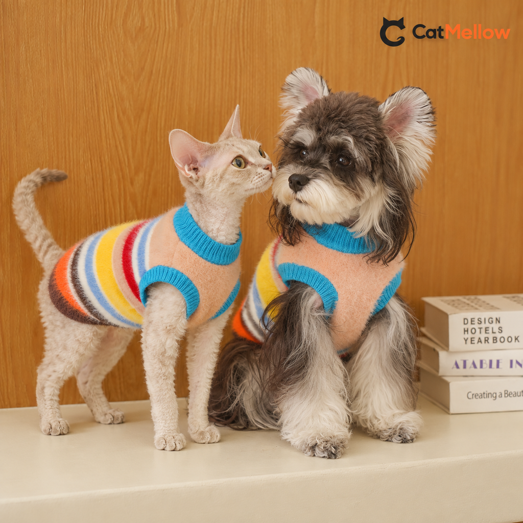 Devon Rex cat and Schnauzer wearing matching rainbow striped fuzzy knit vests