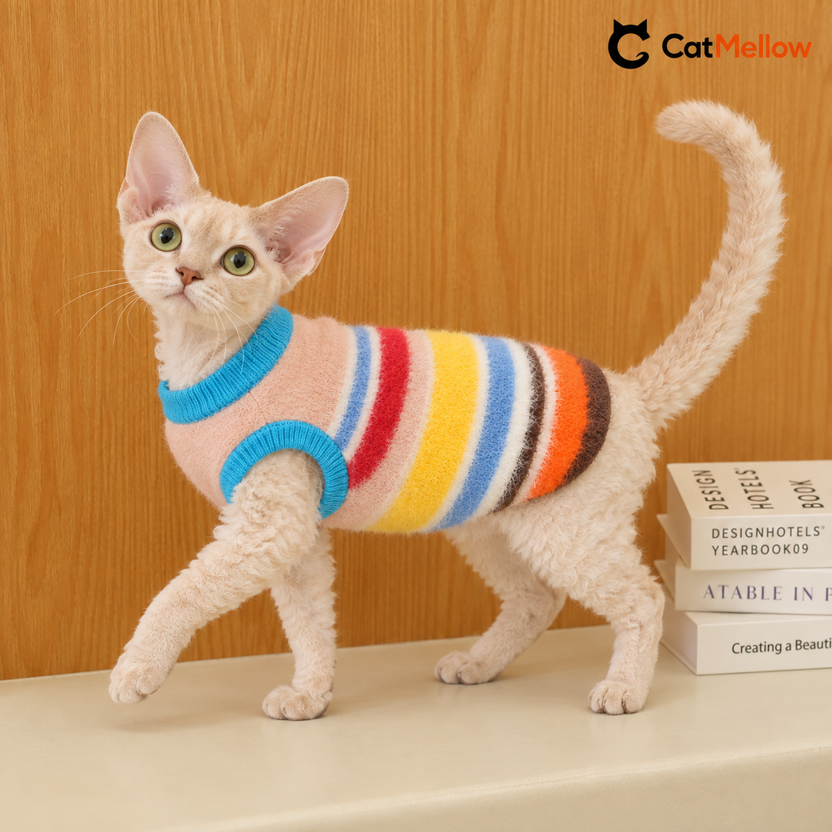 Devon Rex cat walking in a rainbow striped fuzzy knit vest