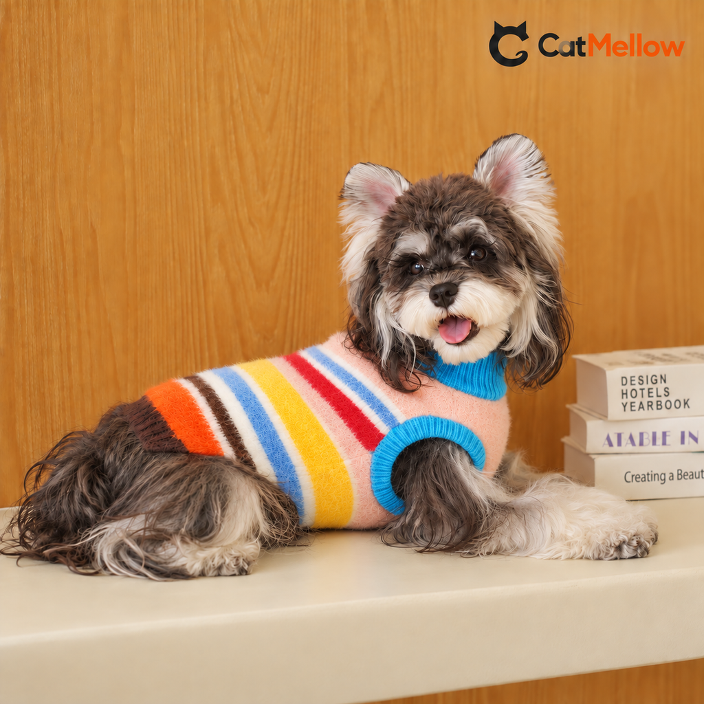 Schnauzer lying on a cream bench in a rainbow striped fuzzy knit vest