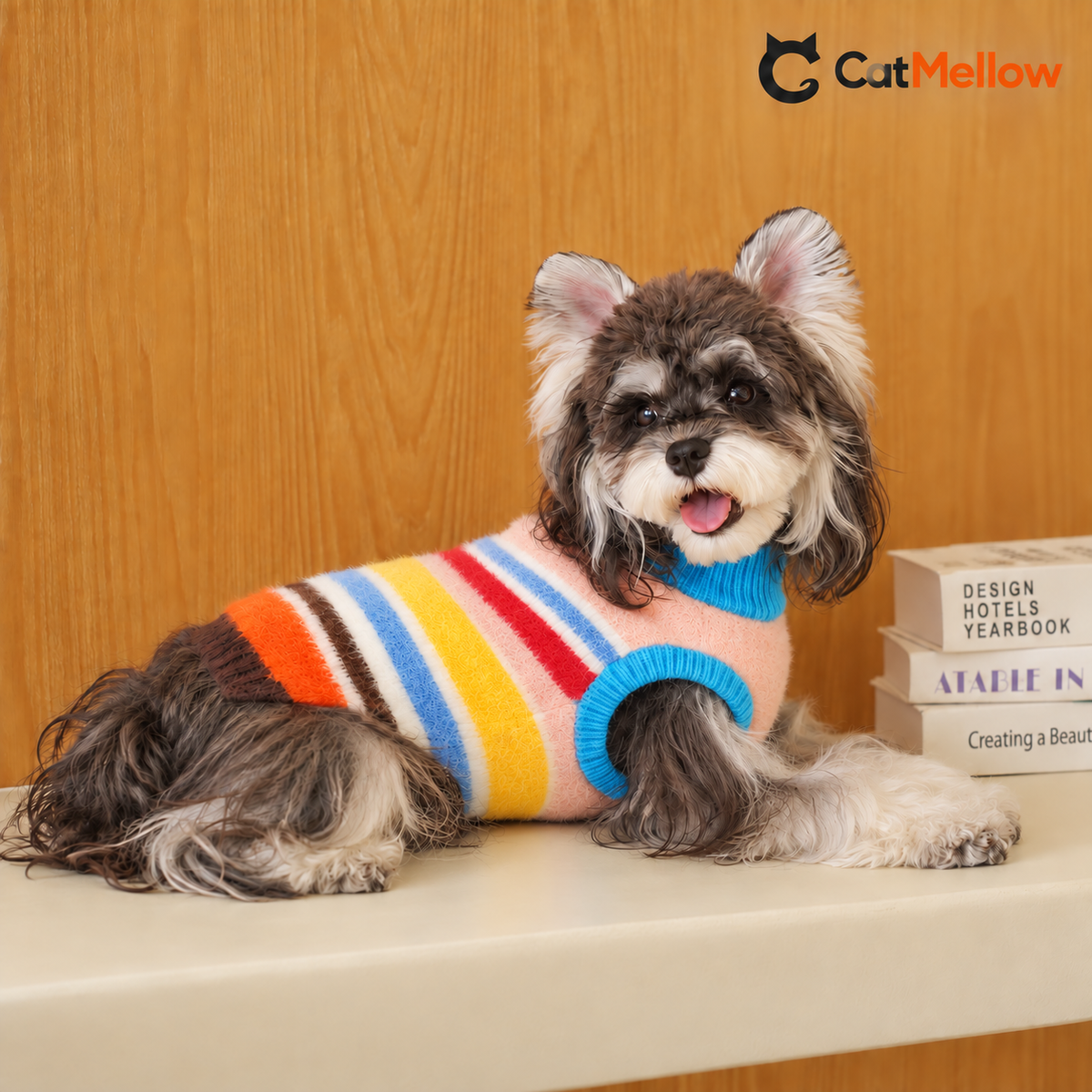 Schnauzer lying on a cream bench in a rainbow striped fuzzy knit vest