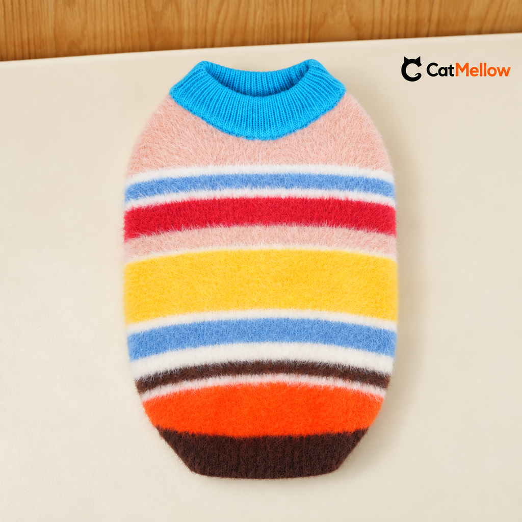 Back view of the rainbow striped fuzzy knit vest