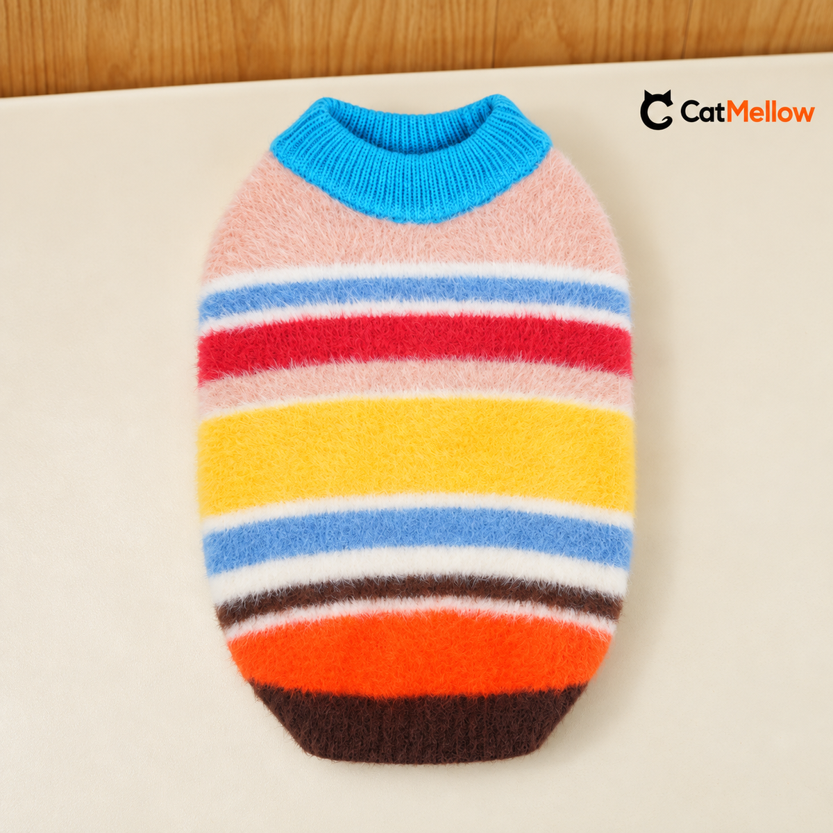 Back view of the rainbow striped fuzzy knit vest