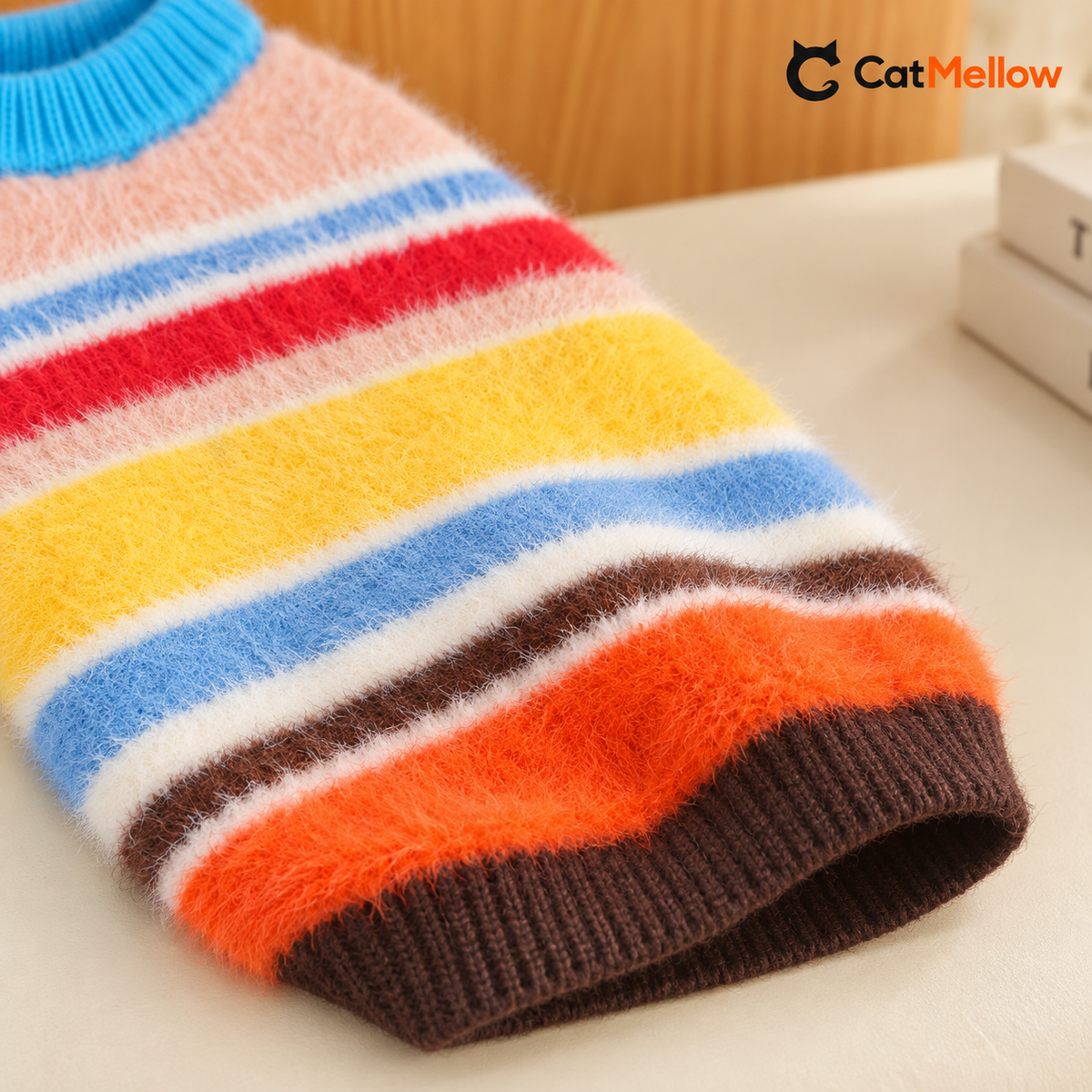 Rainbow knit texture and dark brown ribbed hem